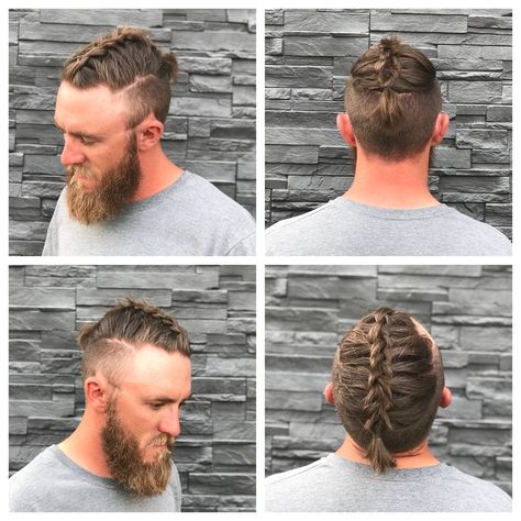 Men’s haircut, shaved sides, top knot or braided top. Fighter’s haircut. Men Half Shaved Hair, Top Knot Undercut, Mens Haircut Shaved Sides, Short Hair Shaved Sides, Male Braids, Androgynous Haircut, Haircut Shaved Sides, Male Haircuts Curly, Braids With Shaved Sides