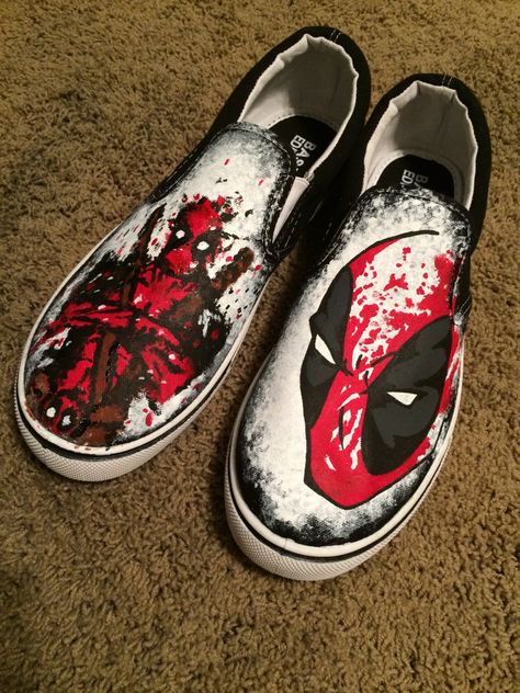 On Tennis Shoes, Marvel Shoes, Deadpool Art, Custom Painted Shoes, Splatter Paint, Shoes Ideas, Hand Painted Shoes, Custom Vans, Blue Springs