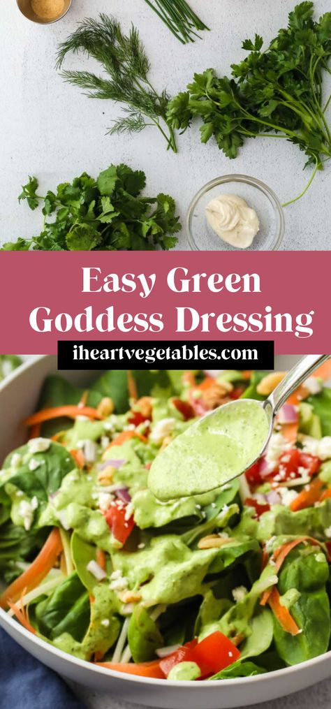 This creamy Green Goddess dressing is loaded with fresh herbs for a tasty salad dressing that is packed with flavor! This recipe also makes a great sandwich spread or vegetable dip! Vegetable Recipes Dinner, Goddess Dressing Recipe, Green Goddess Dip, Yummy Vegetable Recipes, Vegetable Dip, Goddess Dressing, Green Goddess Dressing, Sandwich Spread, Vegetarian Recipe