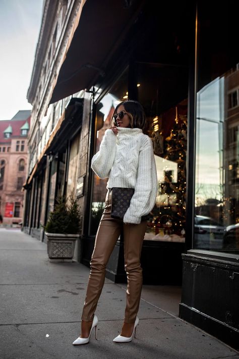 fashion blogger mia mia mine wearing a chunky white sweater from revolve with brown faux leather pants from zara. click through to see how to style leather pants, brown leather pants outfit, chic leather leggings outfit, neutral winter outfit, cozy winter looks, and casual everyday outfits. #winterfashion #womensfashion #outfitinspo #style Brown Leather Pants Outfit, Lederhosen Outfit, Mia Mia Mine, Brown Leather Pants, Look Legging, Leather Leggings Outfit, Mia Mia, Leather Pants Outfit, Brown Leggings