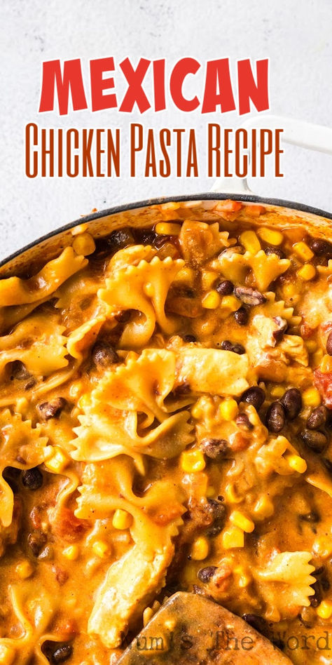 Mexican Chicken Pasta is an easy one pot meal that your whole family will love! It comes together quickly, tastes delicious, and is perfect for any busy weeknight meal! #numstheword #mexicanchickenpasta #mexicanchickenpastarecipe #mexicanchickenpastarecipes #chickenmexicanpasta #mexicanpastachicken #tacochickenpasta #blackbeanchickenpasta #chickensalsapasta #salsapasta #salsachickenpasta #onepotmexicanchicken Mexican Chicken Noodle Casserole, Turkey Taco Pasta Bake, Mexican Chicken Pasta Recipes, Chicken Pasta Mexican, Taco Chicken Pasta Recipes, Mexican Chicken Pasta Casserole, Chicken Taco Pasta Bake, Mexican Alfredo Pasta, Taco Pasta Recipes Easy