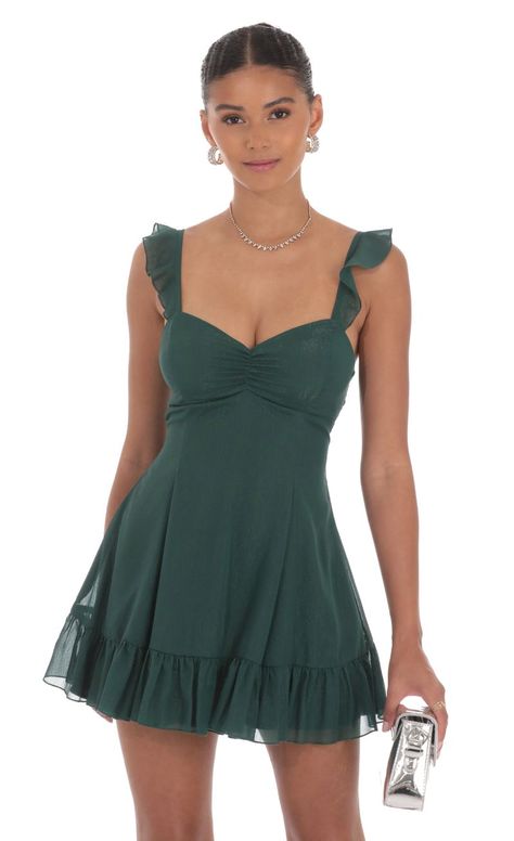 Shimmer Chiffon Ruffle Strap Dress in Green | LUCY IN THE SKY Boho Hoco Dress Short, Dresses Semi Formal Short, Band Banquet Dresses, Homecoming Dresses Forest Green, Fall Hoco Dress, Cha Cha Outfit Dance Dresses, Frat Formal Dresses, Hoco Dresses Thick Straps, Hoco Dress Ideas 2024