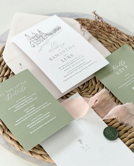 Here it is! S&Ls stunning wedding invitation suite featuring THAT epic engagement location sketch. Northern Finland in the snow - swoon. Designed in shades of sage and forest green, this invitation suite is paired with envelopes in the softest of blush-nudes.⁠ ⁠ This design is from the ORDELLE Semi Custom range, ready and waiting to be customised to suit your wedding colour scheme x⁠ ⁠ G x⁠ Location Sketch, Cider House, Wedding Colour, Engagement Locations, Wedding Invitation Suite, Wedding Stationary, Invitation Suite, Wedding Color Schemes, Colour Scheme