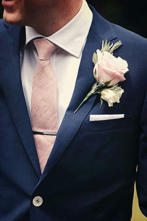 Fall Wedding-Dusty Rose and Navy Bridesmaid Dresses, Navy Man's Suit with Dusty Rose Tie - ColorsBridesmaid Navy Groomsmen Suits, Wedding Suits Men Blue, Blue Groomsmen, Costume Bleu, Groom Wedding Attire, Chemise Rose, Groomsmen Boutonniere, Silk Dupioni, Wedding Groomsmen