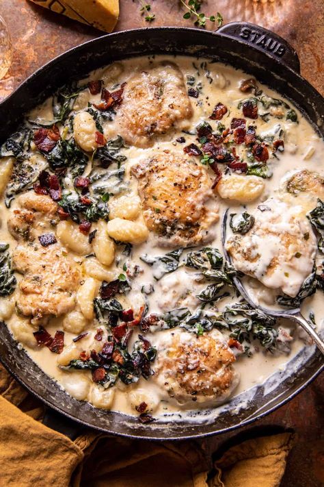 Skillet Creamy Chicken and Parmesan Gnocchi: A cozy one-pot meal that's perfect on a cold night - quick, easy, warming, and so delicious! Skillet Creamy Chicken, Parmesan Gnocchi, Creamy Chicken Tortilla Soup, Half Baked Harvest Recipes, Chicken Gnocchi, Harvest Recipes, Gnocchi Recipes, Half Baked, Chicken Tortilla