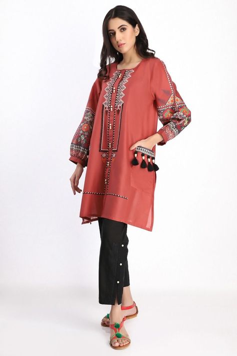 Trouser Shirt Pakistani Casual, Winter Khaddar Dress Design, Khaadi Kurti Designs, Orange Pakistani Suit, Pocket Style Kurti Design, Khaddar Shirt Design, Khaadi Kurta, Pakistani Kurta Designs, Pakistani Casual Wear