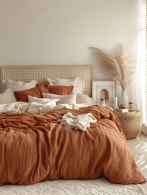 Transform your bedroom into a cozy sanctuary with this earthy, natural look! Embrace warm tones and textured fabrics for the perfect home bedroom refresh. Add pampas grass for a chic touch. Ready to refresh? Start now! 🛒🛏️ #BedroomDecor #HomeRefresh #InteriorDesign Terracotta And Tan Bedroom, Rusty Bedroom Ideas, Master Bedrooms Terracotta, Terracotta Western Bedroom, Terracota Bedding Room, Burnt Orange And Sage Bedroom, Terracotta Guest Bedroom, Warm Colour Bedroom, Dusty Orange Bedroom