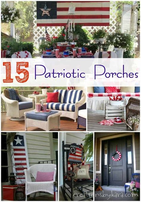 15 Patriotic Porches Patriotic Porch Ideas, Patriotic Front Porch Decor, 4th Of July Front Porch Decor, Decorating With Flags, Patriotic Porch Decor, Patriotic Front Porch, Patriotic Porch, 31 Daily, Front Porch Swing