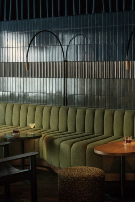 Glossy tiles and deep banquettes add a decadent feel to this dimly lit ‘speakeasy’ bar in Helsinki. Local studio Fyra designed the interiors for Bar Bardem, decking the space out in an inky blue palette that’s offset by a glowing, pale timber bar. Photography: Riikka Kantinkoski #interiors #design #interiordesign #helsinki #restaurant #bar Nordic Noir, Booth Seat, Bar Tile, Restaurant Booth, Architecture Restaurant, Speakeasy Bar, Bar Interior Design, Booth Seating, Design Practice