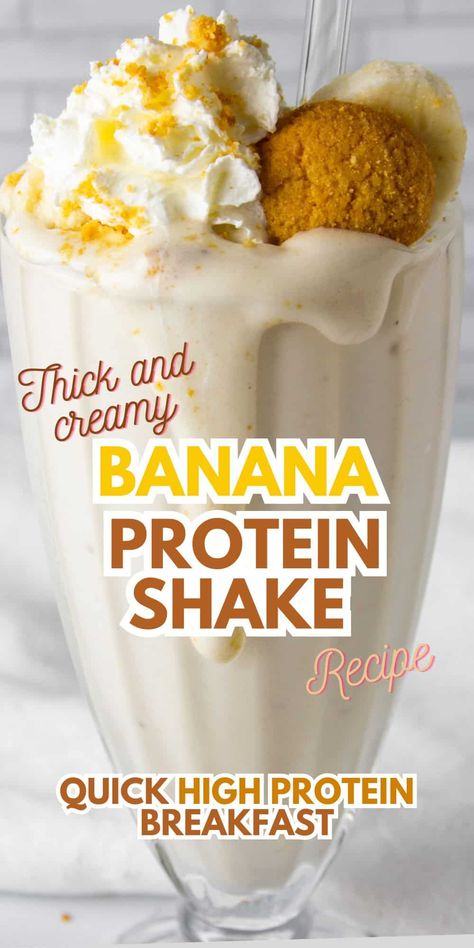 Easy Banana Protein Shake (3 Ingredient Recipe) High Protein Banana Smoothie, High Protein Breakfast Shakes, Protein Shake Milkshake, Protien Shake Recipes, Vanilla Protein Shake Recipes, Easy Protein Snacks, Healthy Protein Desserts, Homemade Protein Shakes, Breakfast Shakes Protein