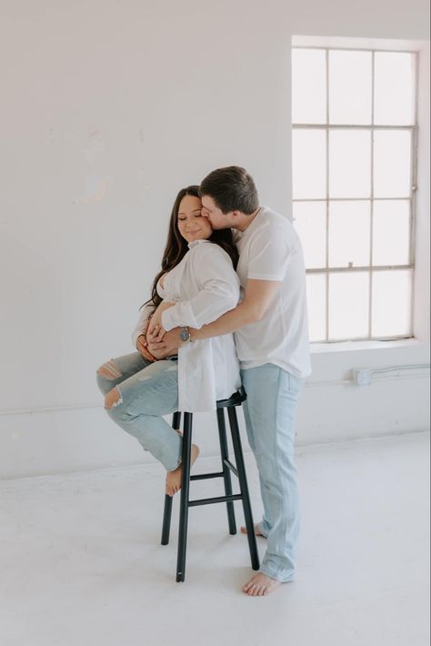 Blue Jean White Shirt Maternity Pictures, White Button Down Maternity Shoot, Jeans And White Shirt Maternity Shoot, Maternity Pictures Jeans And White Shirt, Blue Jean Maternity Pictures, Pregnant Photo Ideas, Casual Maternity Photos, White Dress Maternity, Calvin Klein Maternity