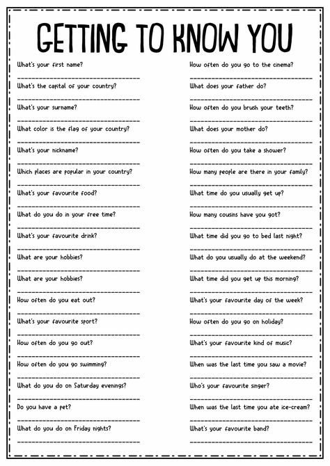 Getting To Know You Worksheet, High School Get To Know You Worksheet, Get To Know Me Page, Get To Know You Questions, Icebreaker Worksheets, Middle School Icebreakers, Get To Know Me Questions, Middle School Advice, French Notes