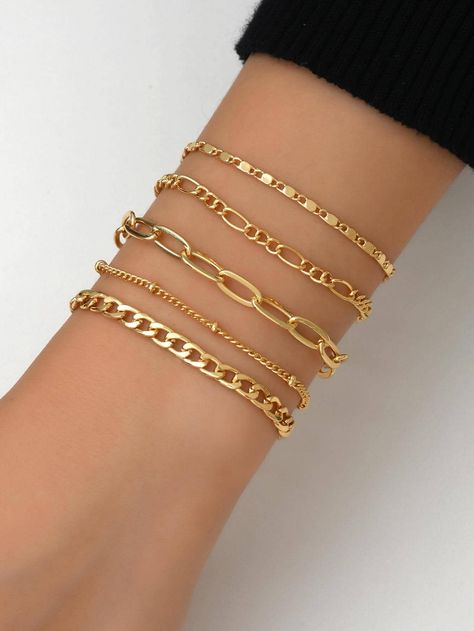 5pcs/set Minimalist Chain Bracelet Yellow Gold    Iron     Women Fashion Jewelry, size features are:Bust: ,Length: ,Sleeve Length: Libra Mars, Rose Gold Makeup Brushes, Minimalist Chain, Bracelets Handmade Diy, Gold Bracelet Set, Instagram Jewelry, Gold Armband, Gold Bracelets, Gold Collar