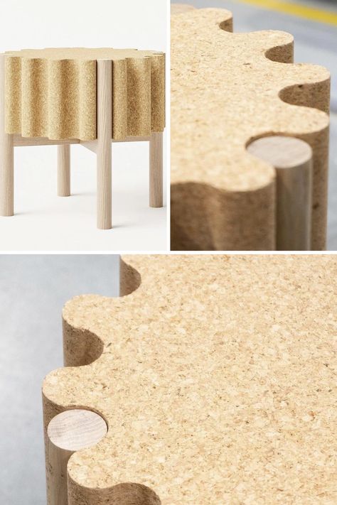 Cork Furniture Design, Furniture Leg Design, Cork Furniture, Stools Design, Cork Stool, Sustainable Furniture Design, Stackable Furniture, Cork Design, Upcycle Design