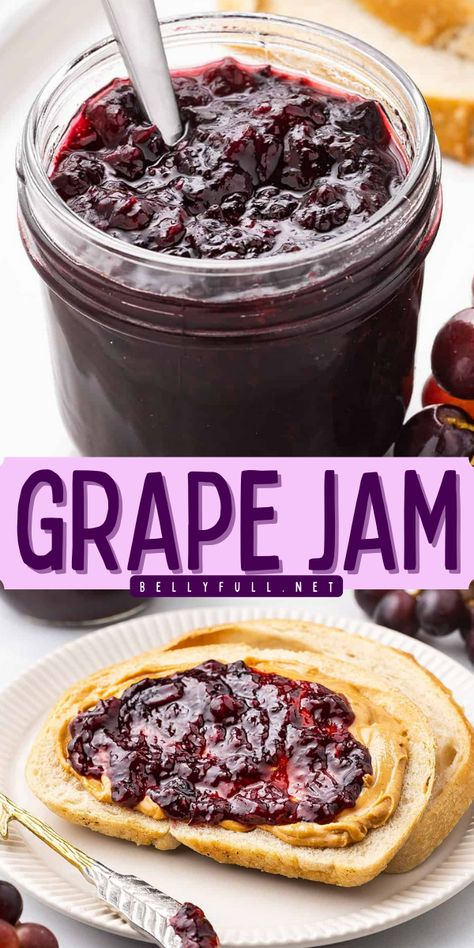 This homemade Grape Jam recipe is made with just 4 simple ingredients and can be enjoyed right away or once fully processed, jars will last up to a year in the pantry. Enjoy it on a peanut butter and jelly sandwich, with crepes or biscuits, swirled into yogurt, and so much more. It also makes a great gift! Grape Jam Recipe Homemade With Pectin, Easy Grape Jam Recipe, Grape Jam With Pectin, Grape Jam Recipe Canning, Grape Butter Recipe, Grape Jelly Recipe Homemade, Grape Jam Recipe Homemade, Recipes With Grapes, Grape Jelly Recipe