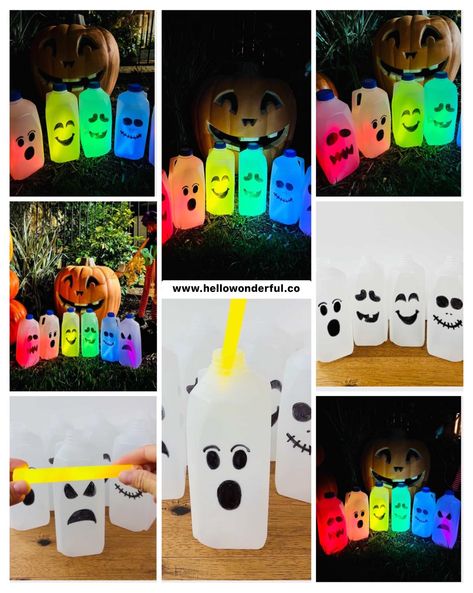 Milk Jug Jack-o'-lanterns, Halloween Milk Jugs, Milk Jugs, Diy Lanterns, Bottle Lamp, Christmas Lanterns, Milk Carton, Glow Sticks, Work Ideas