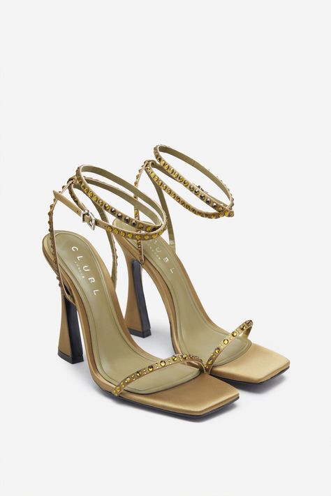 Nostalgia Olive Green Satin Heeled Sandals With Diamante Straps – Club L London - USA Fancy Heels, Dr Shoes, Club L London, Fashion Shoes Heels, Shoes Heels Classy, Ankle Strap Block Heel, Shoes Outfit Fashion, Gorgeous Heels, Green Heels