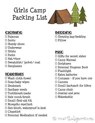 Girls Camp Printable Packing List and Leaders Must Haves for Camp! Girls Camp Packing List, Summer Camp Packing, Camp Packing List, Camp Packing, Lds Girls Camp, Printable Packing List, Camping Desserts, Girl Scout Camping, Camping Packing List