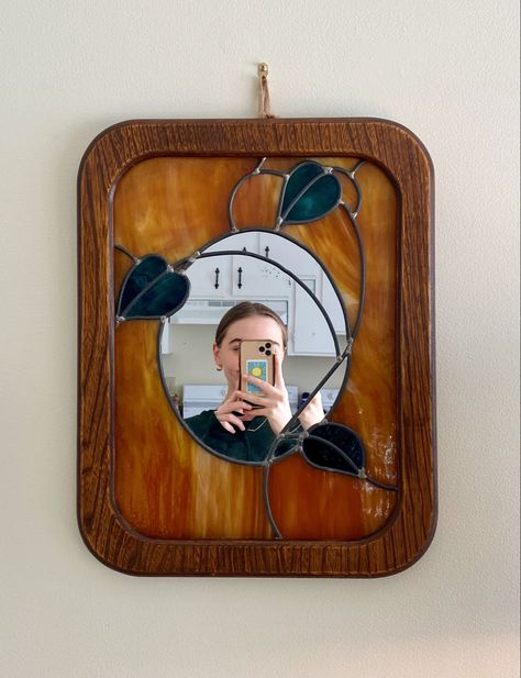 wooden framed stained glass mirror Framed Stained Glass Art, Stained Glass Photo Frame, Stained Glass With Mirror, Stain Glass Mirror, Mirror Stained Glass, Mirror Stained Glass Ideas, Stained Glass Mirrors Ideas, Cute Stained Glass Ideas, Stained Glass Picture Frames