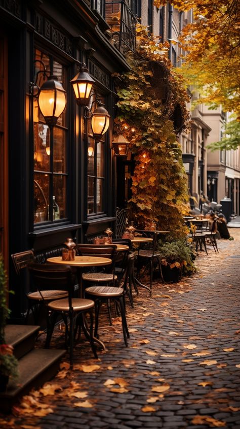 Outdoor upscale coffeeshop on a cobblestone street in New York City during autumn Brand Exploration, Cobblestone Street, Sidewalk Cafe, Coffee Shop Aesthetic, Autumn In New York, Cozy Cafe, Autumn Scenes, Fall Watercolor, Autumn Days