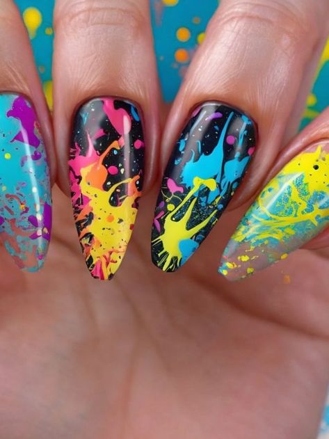 25+ Best Splatter Nail Designs and Ideas | Sarah Scoop Black Paint Splatter Nails, Paint Splatter Nails Acrylic, Neon Splatter Nails, Paint Splash Nails, Paint Splatter Nails, Ballerina Acrylics, Ballerina Acrylic Nails, Splatter Nails, Nail Art Techniques