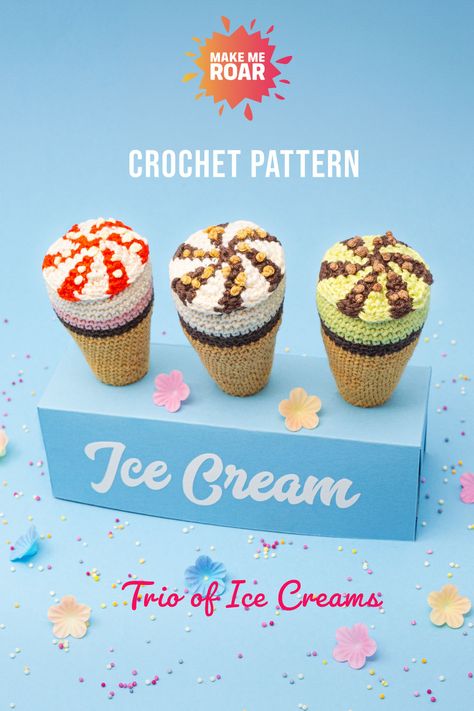 Crochet three fabulous flavours of ice cream with this easy to follow crochet pattern with lots of step by step photos.This will definetly put you in the a summery mood! great for play food. Crochet Food Set, Cute Easy Crochet Gifts, Easy Crochet Food, Easy Cute Things To Crochet, Crochet Ice Cream Cone, Ice Cream Crochet, Step Photography, Crochet Play Food, Crochet Ice Cream