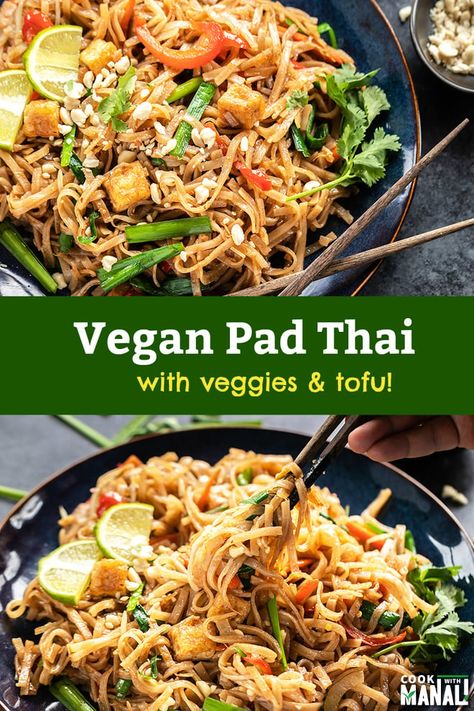 Homemade Vegan Pad Thai Noodles with veggies and tofu! This is one of my favorite weeknight meals, so easy and so much flavor! #vegan #padthai Easy Vegan Pad Thai, Veggie Pad Thai, Vegetarian Feast, Lenten Meals, Thai Vegan, Tofu Pad Thai, Budget Vegan, Vegan Gourmet, Veggie Mains