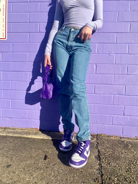 purple, sneakers, clothes, brandy melville, nike dunk Purple Dunks Outfit, Sb Dunks Outfit, Purple Jordans Outfit, Purple Dunks, Purple Jordans, Purple Shirt Outfits, Hype Store, Nike Dunks Outfit, Purple Nike Shoes