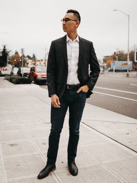 How to wear a suit jacket with jeans - Next Level Gents Black Sport Coat And Jeans Mens, Sports Jacket With Jeans, Sport Coat With Jeans, Mens Sport Coat Outfit, Sport Coat And Jeans, Sports Coat And Jeans, Suit Jacket With Jeans, Mens Black Suit Jacket, Different Pants