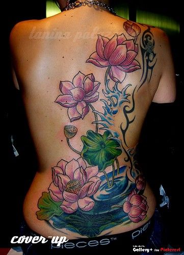 . Tattoo Cover Up With Flowers, Back Tattoo Women Color, Side Of Body Tattoos For Women, Tattoo Lotus, Full Leg Tattoos, Back Piece Tattoo, Henna Tattoo Designs Hand, Spine Tattoos For Women, Mother Tattoos