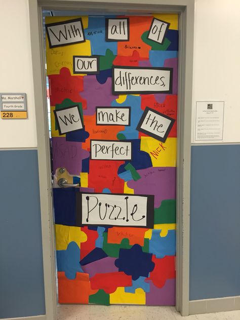 No place for hate door decoration.   "With all of our differences, we make the perfect puzzle" Inclusion Door Decorations Classroom, Special Education Classroom Door Ideas, Puzzle Door Decorations Classroom, Puzzle Classroom Door, Special Education Door Decorations, Puzzle Theme Classroom, Special Ed Door Decoration, Puzzle Bulletin Board Ideas, Classroom Door Decoration Ideas