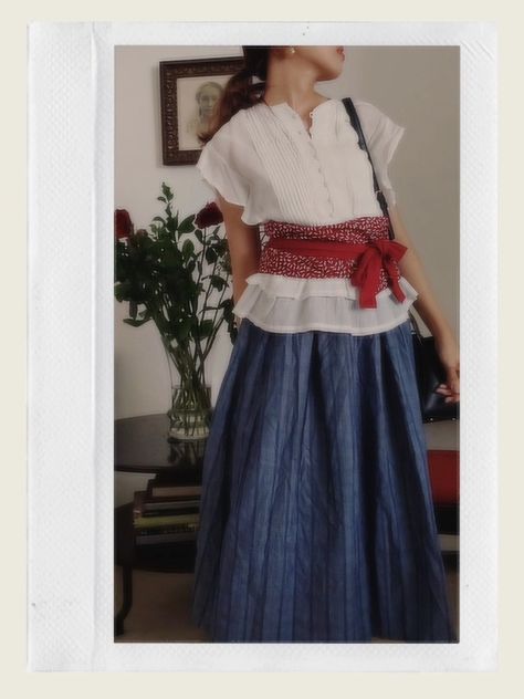 Red Obi Belt Outfit, White Ruffled Blouse, and Blue Striped Skirt Obi Belt Outfit, Obi Belt Batik, Street Style Skirt, Belt Outfit, Blue Striped Skirt, Outfit Kondangan, Batik Skirt, White Ruffle Blouse, Navy Outfit