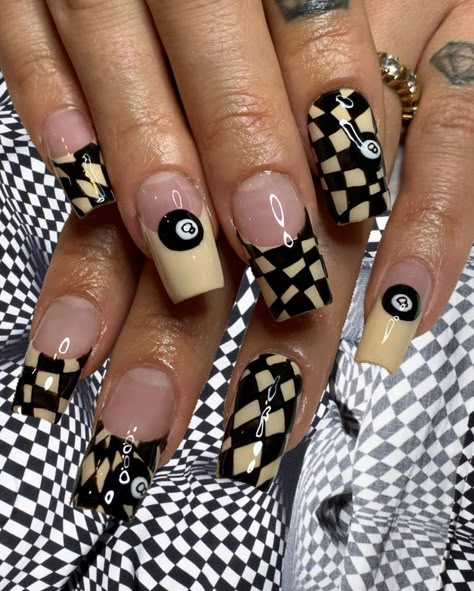 3d Checkered Nails, Flame And Checkered Nails, Checkard Nails Art, Nails Short Black, Black Chrome Heart Nails Long, Shell Nails, Chrome Y2k Nails + Charms, Nail Design Glitter, Nails Yellow