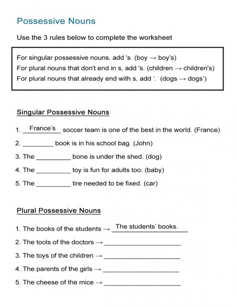 Possessive Nouns Worksheet: Singular and Plural Nouns - ALL ESL Possessive Nouns Worksheet, Singular Possessive Nouns, Nouns Exercises, Plural Possessive Nouns, Helping Verbs Worksheet, Plural Nouns Worksheet, Plurals Worksheets, Singular And Plural Nouns, Possessive Nouns