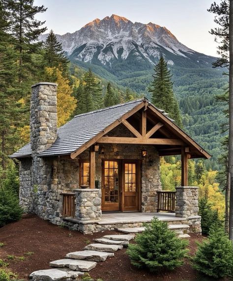 Small Stone Cottage, Small Stone House, Log Cabin Exterior, Stone Cabin, Mountain Home Exterior, Case In Pietra, Hut House, Log Cabin Rustic, Small Log Cabin