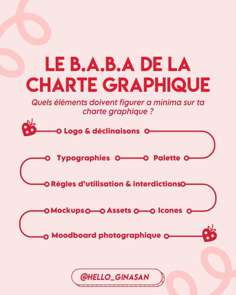 QUE DOIT CONTENIR TA CHARTE GRAPHIQUE ? 🍓 Le terme charte graphique est souvent utilisé à tort comme synonyme d’identité visuelle. Pourtant, la charte graphique n’est pas ton identité visuelle ! C’est un guide référentiel qui regroupe tous les éléments de ton identité visuelle afin de l’utiliser correctement sur tes supports. ➡️ La charte graphique ne se résume pas uniquement à une page qui présente ton logo, tes couleurs et tes typographies Logo D, Brand Book, Un Logo, Design Graphique, Brand Designer, Art Director, Insta Art, Book Design, Mood Boards