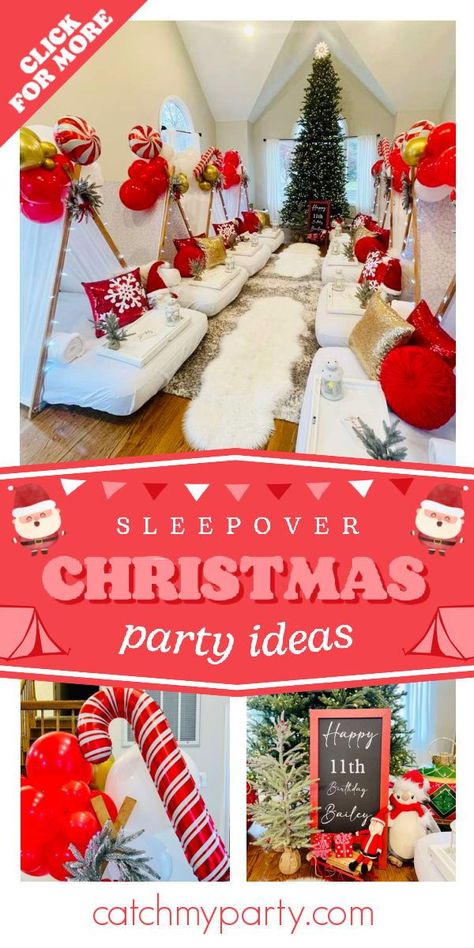 Take a look at this wonderful Christmas slumber party! The party decors are amazing! See more party ideas and share yours at CatchMyParty.com Christmas Themed Slumber Party, Winter Slumber Party Ideas, Christmas Pj Party Ideas For Kids, Christmas Tent Sleepover, Christmas Pajama Party Decorations, Christmas Slumber Party Ideas, Christmas Tent Party, Christmas Sleepover Ideas For Teens, Christmas Sleepover Party