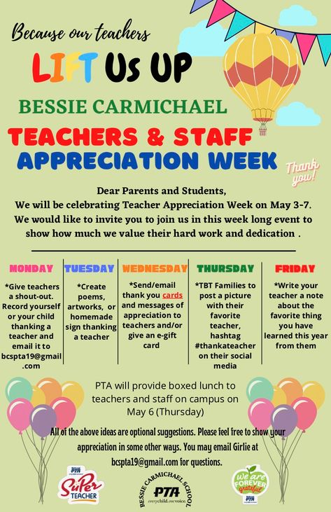 Teacher Appreciation Spirit Week Ideas, Theme For Teacher Appreciation Week, Teacher Appreciation Week Ideas Student, Teacher Spirit Week Ideas, Staff Spirit Week Ideas, Pto Teacher Appreciation Week, Teacher Appreciation Week Themes 2023, Free Teacher Appreciation Ideas, Daily Teacher Appreciation Week Ideas