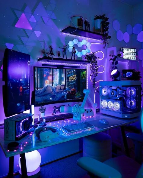 Gaming Room Setup Purple, Fantasy Gaming Room, Purple Gaming Set Up, Purple Gaming Aesthetic, Purple Gaming Setup, Purple Gaming Room, Couple Gaming Room Setup, Aesthetic Gaming Room, Gaming Room Setup Ideas