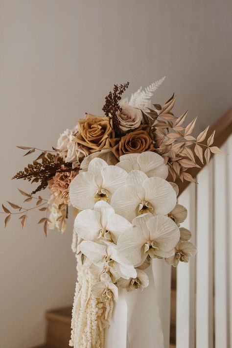 Floral Chandeliers, Earth Tone Wedding, Bride's Bouquet, Orchid Bouquet, Stair Case, Floral Inspiration, Nectarine, Wedding Florals, Bride Bouquets