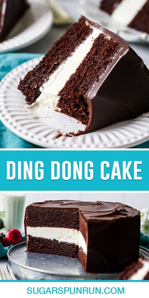 This ding dong cake is like a giant version of the sweet snack cake! It's made with rich chocolate cake layered with a creamy filling and a chocolate ganache topping. Recipe includes a how-to video! Chocolate Lovin Spoon Cake Recipe, Ding Dog Cake, Fudgy The Whale Cake Recipe, Easy Cake For Cake Walk, Desserts Using Devils Food Cake, Vegan Ding Dong Cake, Ring Ding Cake Recipe, Ring Ding Cake, Four Layer Chocolate Cake