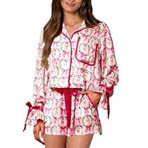 Santa Pajamas, Shirt Collar Styles, Bow Shorts, Christmas Pajama Set, Bow Top, Satin Pajamas, Turndown Collar, Ruffle Shorts, Print Pajamas