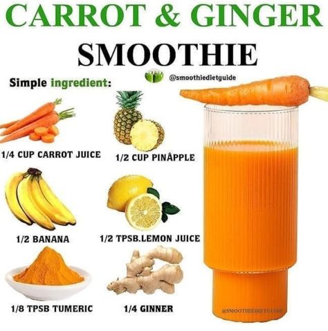 Carrot Smoothie Recipe, Carrot Ginger Smoothie, Ginger Smoothie Recipes, Easy Healthy Smoothie Recipes, Healthy Diet Smoothies, Resep Diet Sehat, Carrot Smoothie, Blender Smoothie, Healthy Juice Drinks