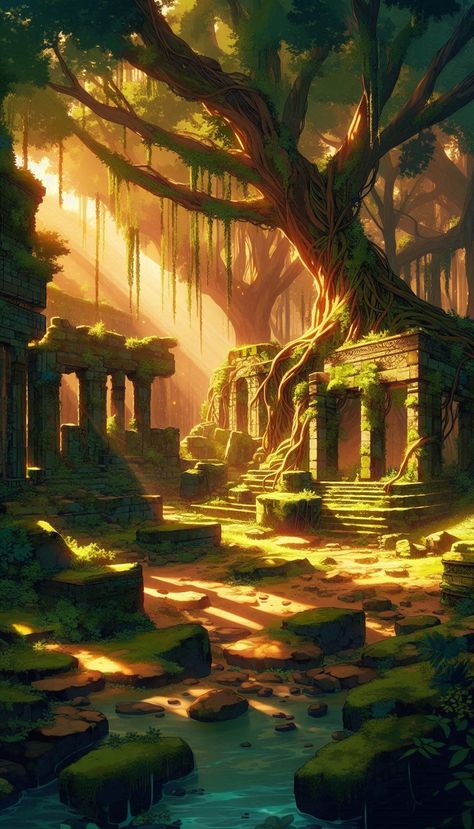 #AnimeNatureWallpaper #4KResolution #JungleAdventures #AncientRuins #WildlifeEncounter #NatureLovers Unravel the mysteries of the ancient stone ruins hidden deep in the heart of the mystical jungle. A vibrant anime world awaits, teeming with lush greens, dramatic shadows, and the thrill of adventure. Follow for more stunning wallpapers. @NatureAnime1 Forest Ruins, Anime Jungle, Stone Ruins, Ancient Background, Anime World, Ancient Stone, Stunning Wallpapers, Ancient Ruins, Tropical Islands