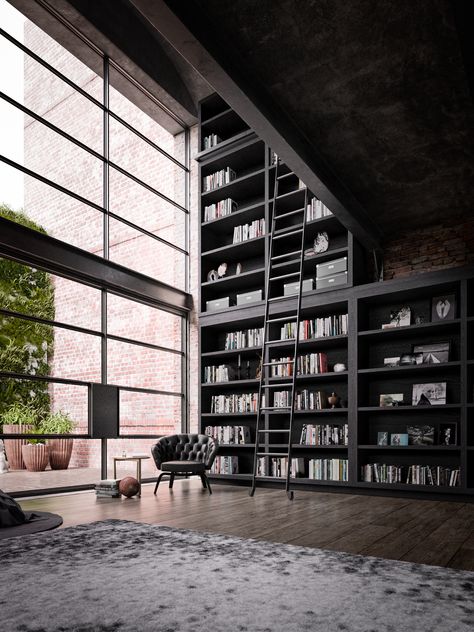 Dark Modern, Loft Interior, تصميم للمنزل العصري, Home Library Design, Appartement Design, Design Room, Dream House Rooms, Dark Interiors, Loft Design