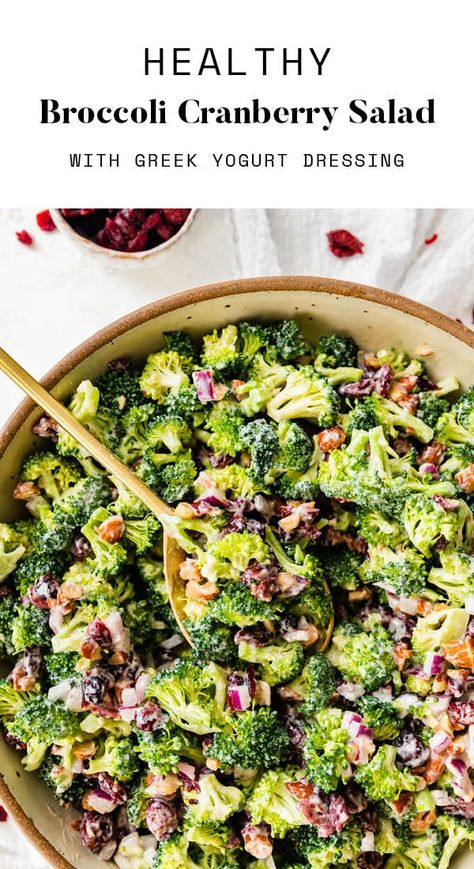 This broccoli cranberry salad combines fresh broccoli with roasted almonds, dried cranberries and red onion all tossed in a creamy, tangy Greek yogurt dressing. Broccoli And Cranberry Salad, Broccoli Craisin Salad, Cranberry Broccoli Salad, Rice Wine Vinegar Dressing, Broccoli Cranberry Salad Recipes, Broccoli Cranberry Salad, Broccoli Roasted, Vegan Broccoli Salad, Broccoli Salad With Raisins