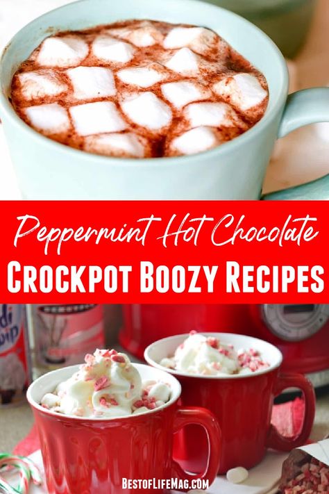 Crockpot Hot Chocolate With Alcohol, Spiked Crockpot Hot Chocolate Recipe, Spiked Peppermint Hot Chocolate, Boozy Peppermint Hot Chocolate, Boozy Crockpot Hot Chocolate, Spiked Hot Chocolate Crockpot, Hot Chocolate With Alcohol, Chocolate With Alcohol, Hot Chocolate Alcoholic Drinks