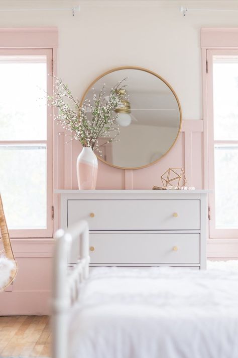 The Most Recommended Blush Pink Paint - Bless'er House Cute Dorm Rooms, Bedding Ideas, Gold Bedroom, Pink Bedrooms, White Dresser, Room Transformation, Girl Bedroom Decor, Pink Bedroom, Round Mirror