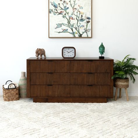 Dresser Aesthetic Decor, Walnut Dresser Bedroom, Brown Dresser Decor, Dresser Aesthetic, Dark Wood Dresser, Tall Dressers, Walnut Bedroom Furniture, Modern Bedroom Dressers, Dresser Decor Bedroom