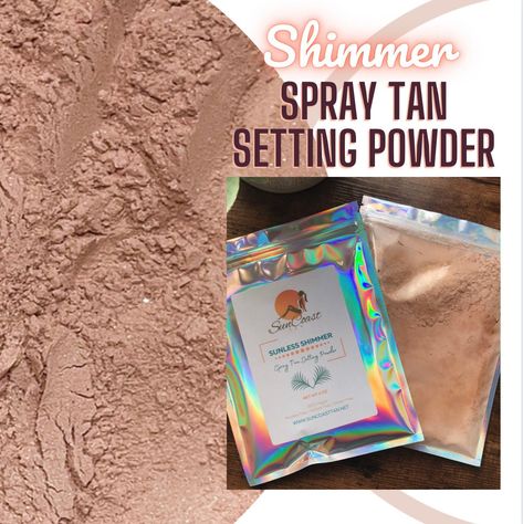 SunCoast Tan's Shimmer Setting Powder is a light weight drying powder that gives a soft and dry finish to your fresh spray tan or self tan! Upgrade your spray tan services with a touchably soft tan your clients will be excited to return for!  Apply SunCoast Tanning Powder right after spray tanning for a faster dry time and a luxurious finishing touch. KEY BENEFITS: * quicker dry time * prevents smudging and color transfer * removes post tan stickiness * soft sweet + natural fragrance Available I Spray Tan Setting Powder Diy, Spray Tan Finishing Powder Recipe, Makeup Item, How To Tan Faster, Dusting Powder, Vegan Ingredients, Diy Posts, Spray Tan, Sunless Tanning